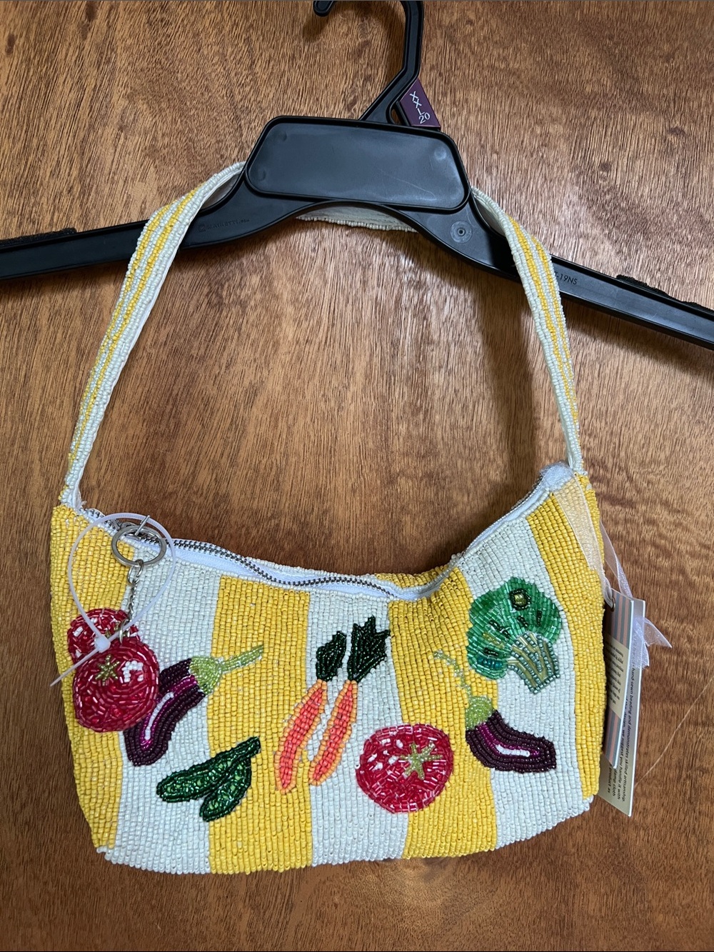 Beaded Yellow & White Stripe Vegetable Embroidered Shoulder Bag